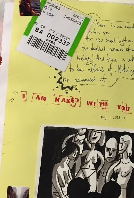 A yellow page with an airline baggage tag, a handwritten note, the stamped words I am naked with you, and a black and white print of nude figures. From the Bits to Atoms journal.