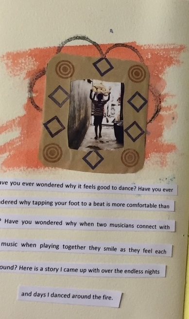 A small photograph of a person carrying a load on their head, framed in brown card with diamonds on orange paint, above pasted strips of typed text. From the Bits to Atoms journal.
