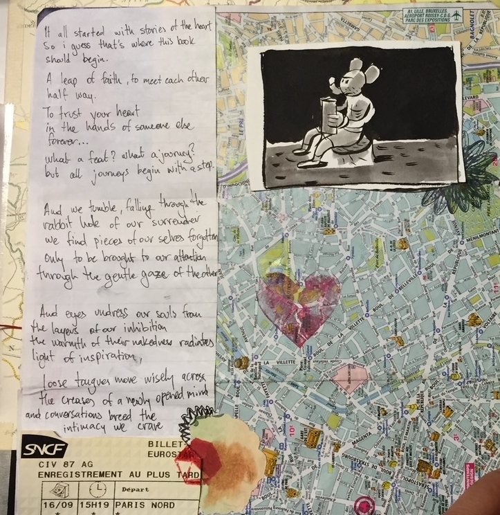 A handwritten column of verse beside a street map painted with a pink heart, a small black and white print of a seated mouse, and a French rail ticket. From the Bits to Atoms journal.