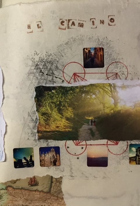 The stamped words El Camino above a photograph of a sunlit woodland path, small square snapshots and red circle diagrams arranged around it. From the Bits to Atoms journal.