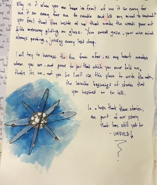 A page of blue handwriting beside a small painting of an atom, grey spheres ringed by orbits on a splash of blue. From the Bits to Atoms journal.