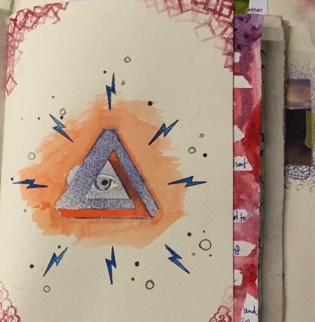 A silver triangle with an eye at its center on a splash of orange paint, ringed by small blue lightning bolts and dots. From the Bits to Atoms journal.