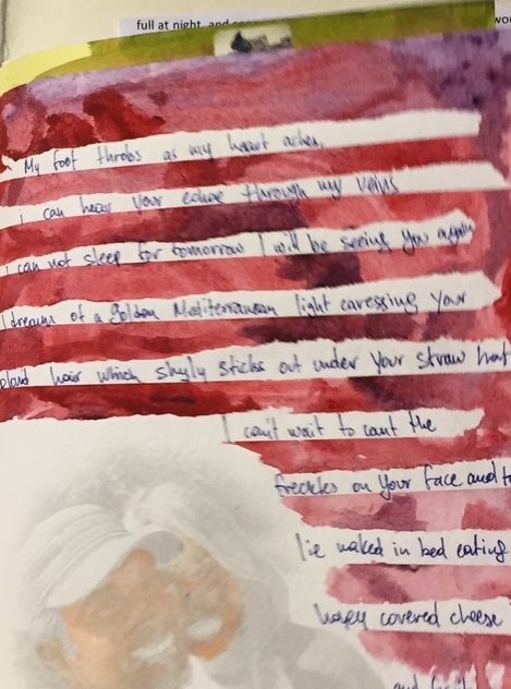 White strips of handwritten lines laid across bands of red and purple watercolour, a faint pencil portrait in the corner. From the Bits to Atoms journal.