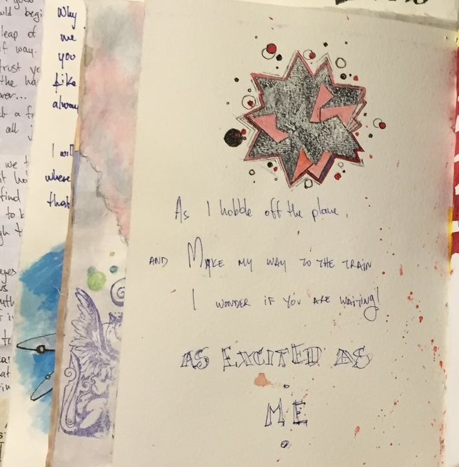 A spiky star cut from pink and grey paper above hand lettered lines that end in the words as excited as me, red paint flecks around. From the Bits to Atoms journal.