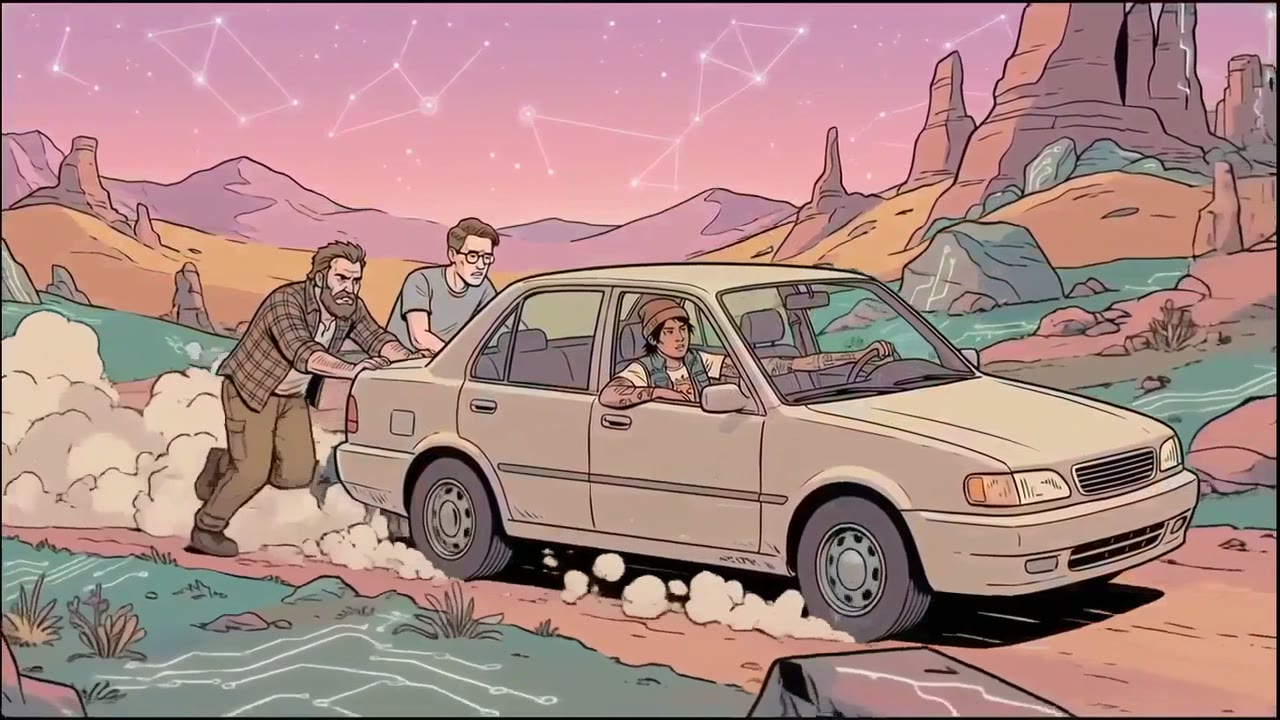 Three illustrated men push a stalled cream sedan along a desert track at dusk, one at the wheel with his arm out the window, red rock spires and layered mountains rising behind them under a pink sky lined with faint constellation patterns.