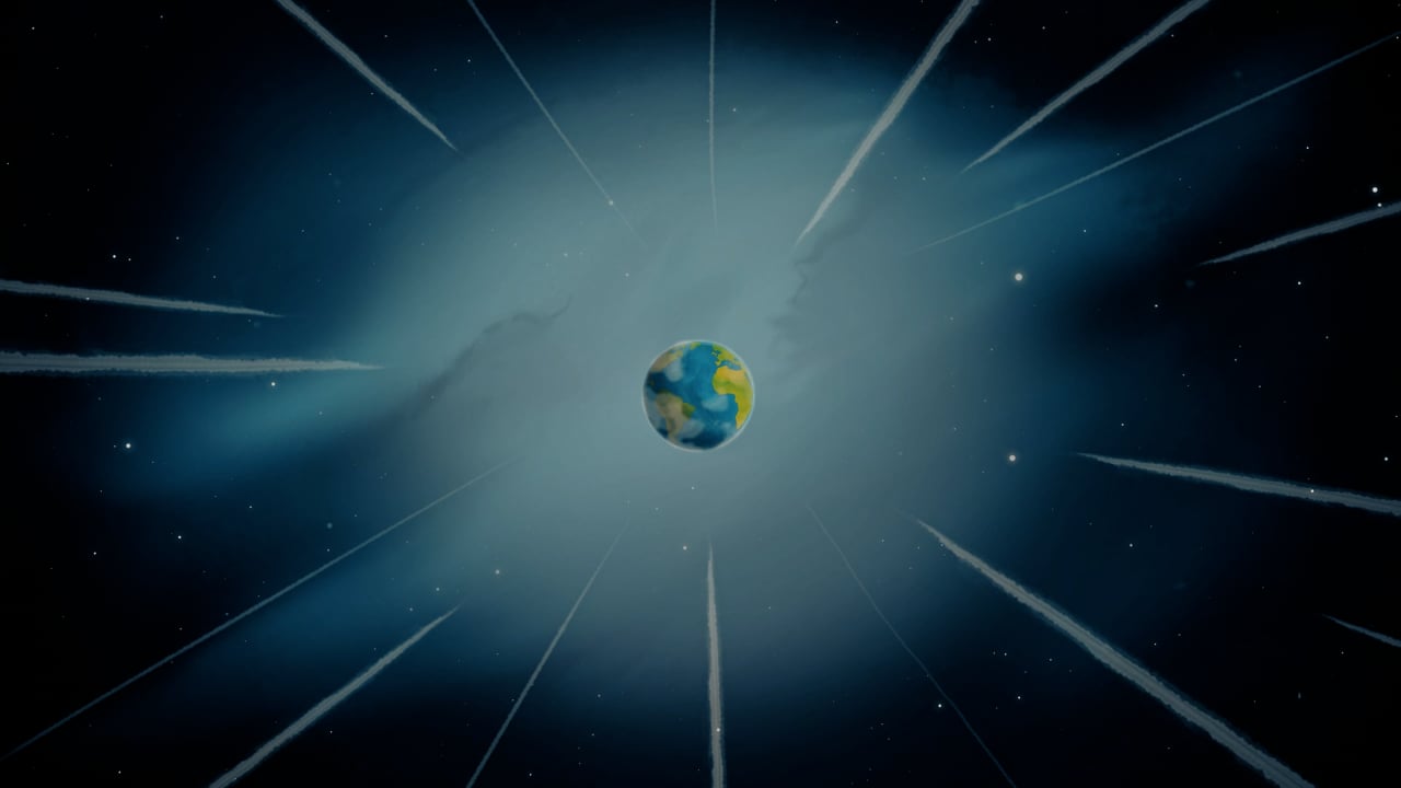 A small blue and green Earth at the center of a dark sky, pale rays of light streaming outward from behind it.
