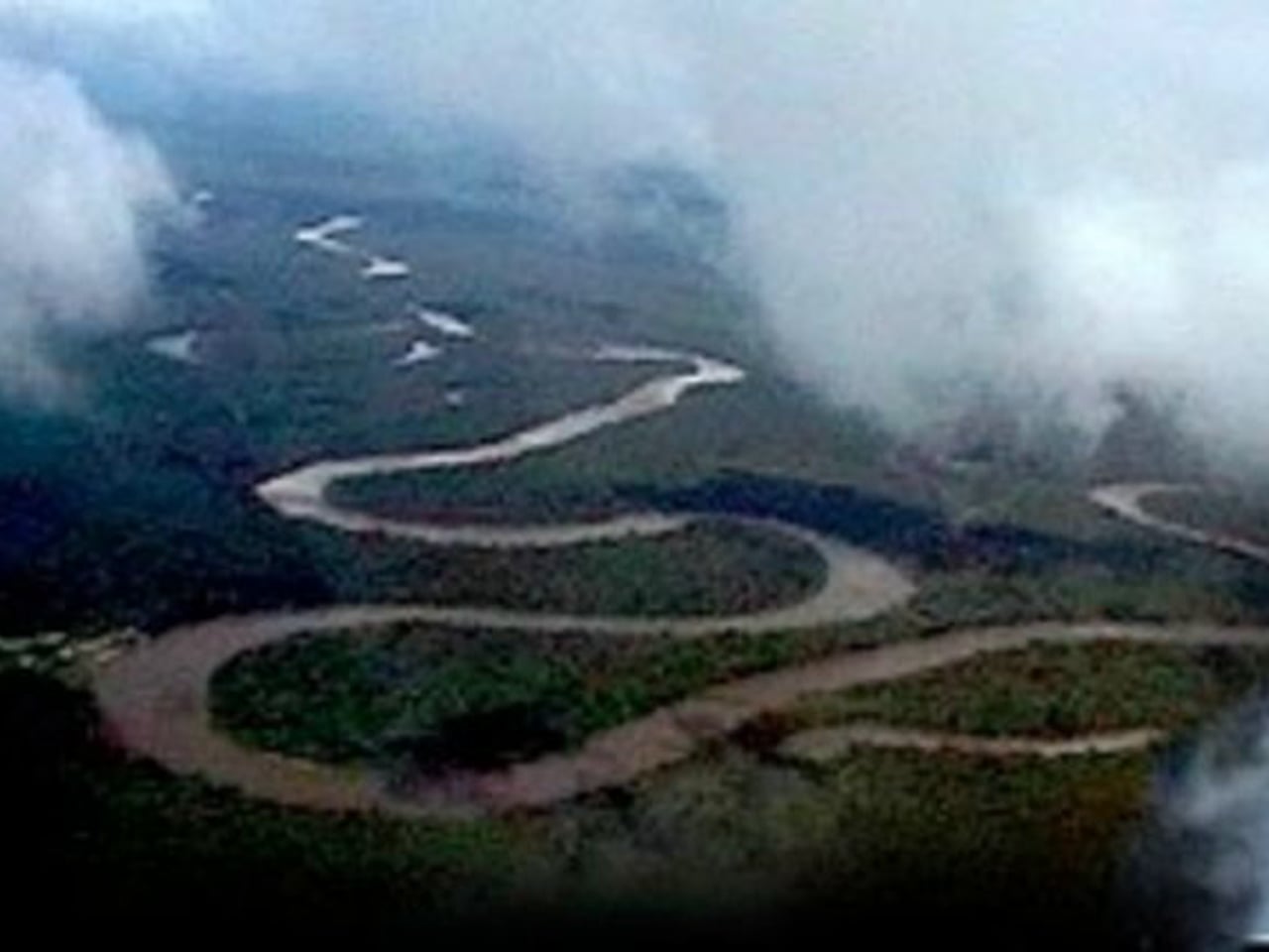 Seen from a plane through drifting cloud, a brown river winds in wide loops across dark green jungle.