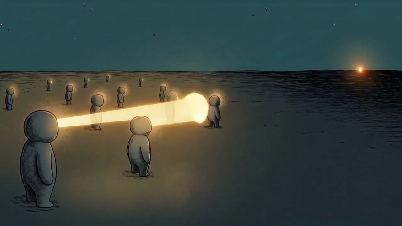 Small round headed figures stand scattered on a dark plain, a thick beam of warm light passing between two of them, a tiny red sun on the horizon.