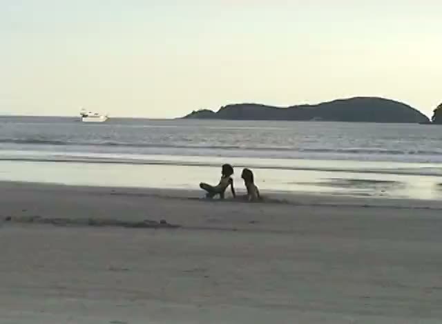 A wide grey beach at dusk, two figures sitting at the water's edge, a boat and an island out at sea.