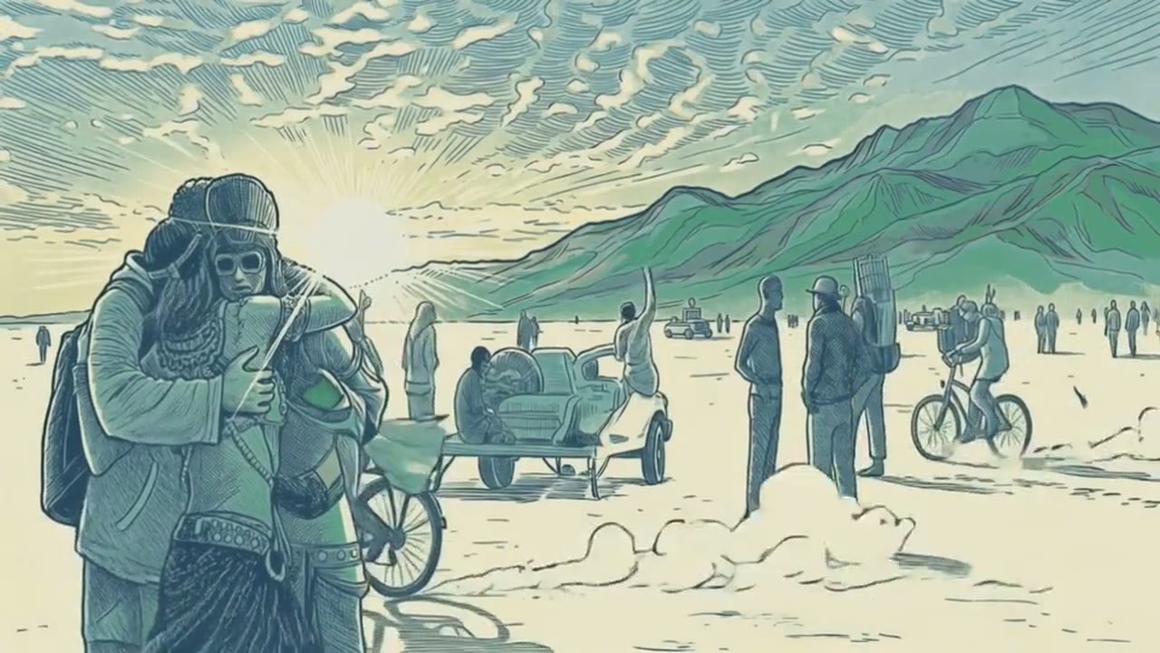 Two people embrace in the foreground of a flat white desert at sunset, cyclists, a car and standing figures behind them, mountains at the horizon.