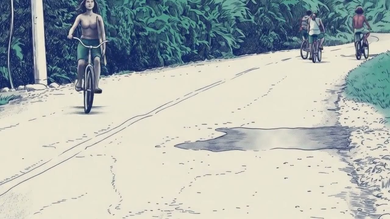 A woman rides a bicycle down a pale dirt road past a puddle, three more riders ahead of her at the edge of the jungle.