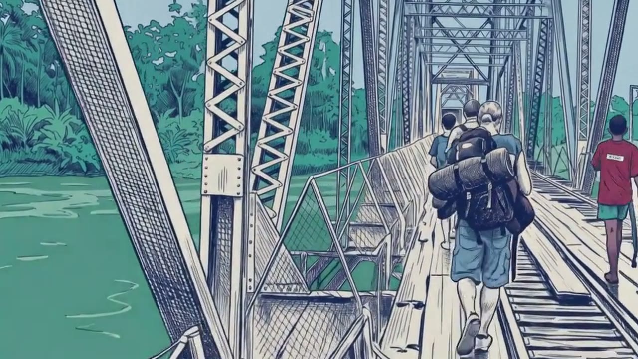Seen from behind, a traveller with a large backpack walks across an iron truss bridge over a green river, others ahead of him.