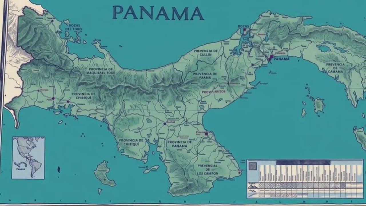 A drawn map of Panama in green and teal, its provinces lettered, an inset of the Americas in the corner and a legend along the bottom.