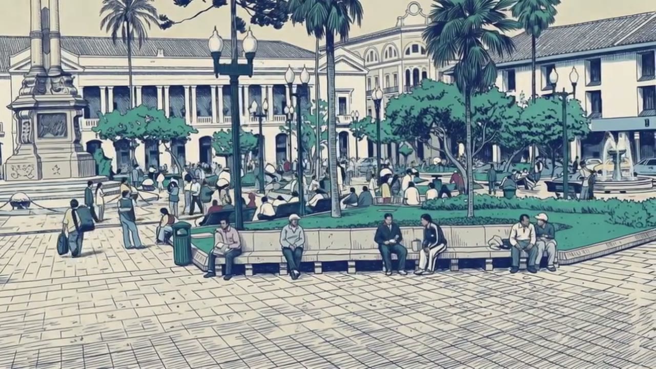 A paved plaza with a monument, lamp posts and palms, men sitting along a low wall around the garden, a fountain and arcaded buildings behind.