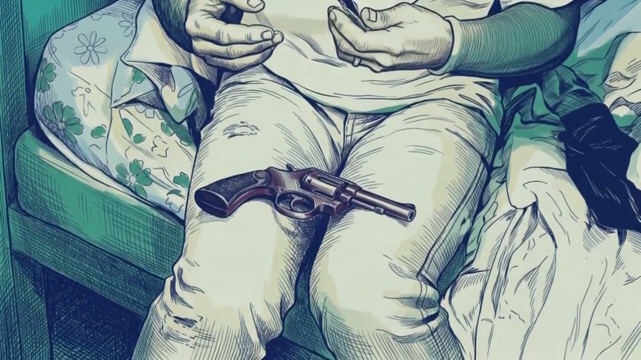 A revolver rests across the lap of a man in white jeans and a flowered shirt sitting on a green sofa, his hands raised above it.