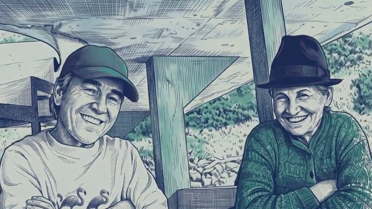 Two people laugh with folded arms under a wooden shelter, one in a cap and a flamingo T shirt, the other in a felt hat and a patterned sweater.