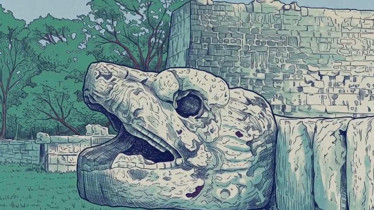 A carved stone serpent head with open jaws at the foot of a stepped wall, trees behind it, drawn in pen and washed blue and green.