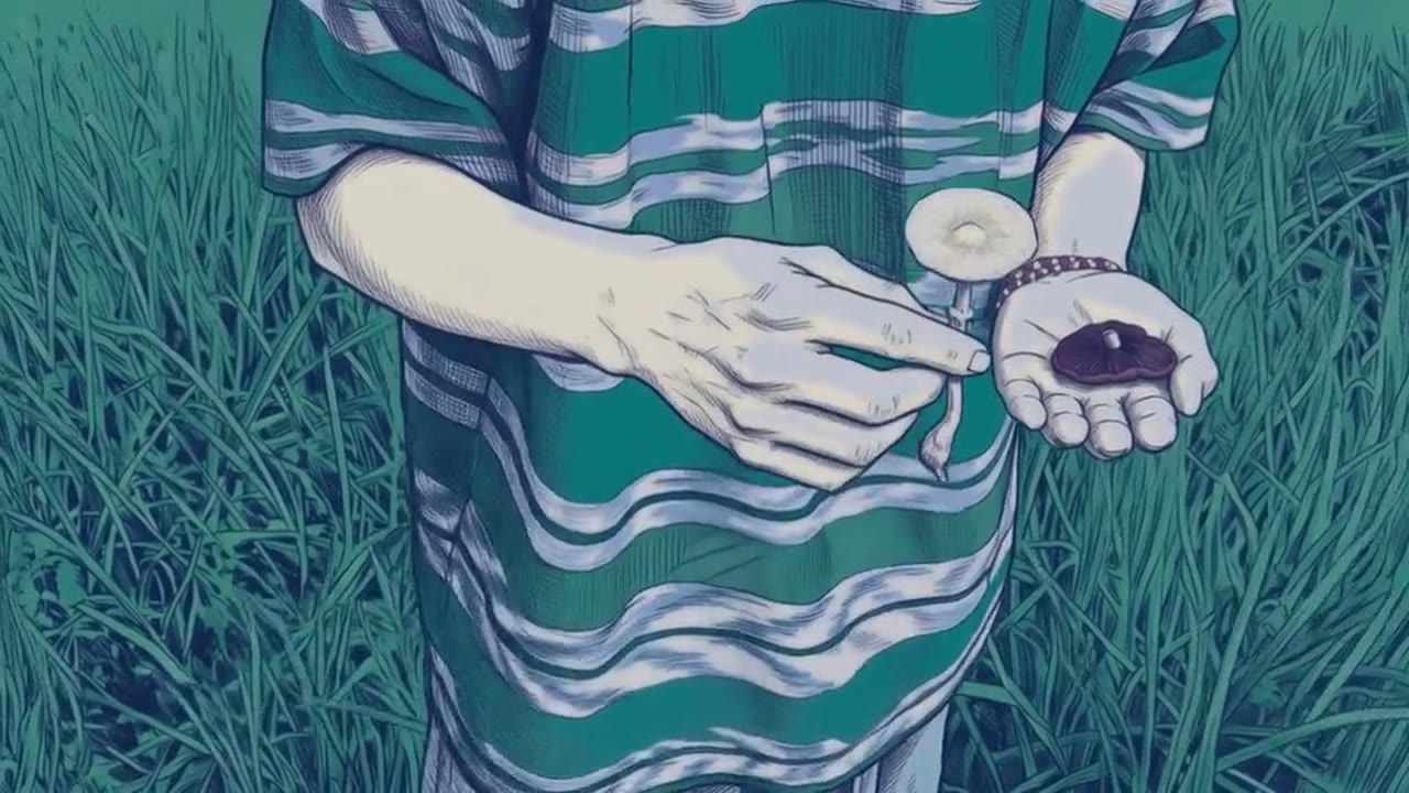 Two hands in front of a striped green shirt hold small mushrooms, one pale and one dark, over tall grass.