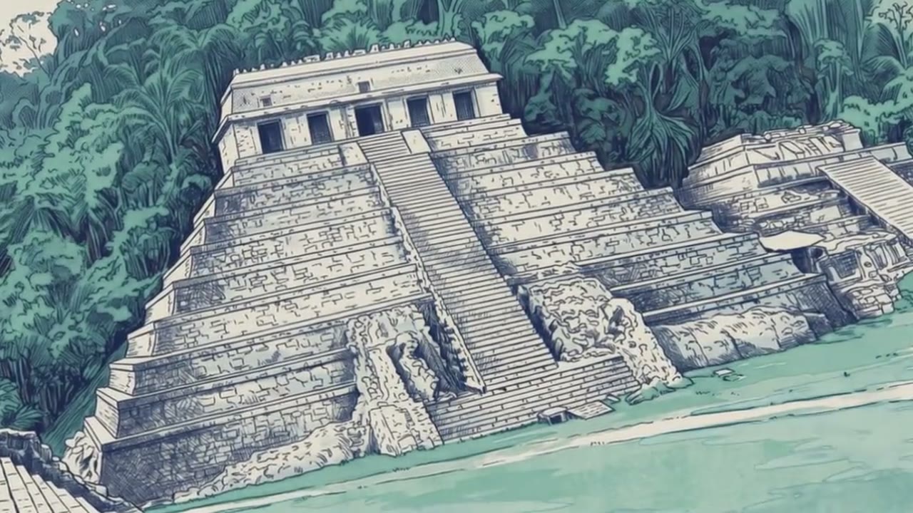 A stepped Mayan pyramid with a temple on top rises from lawn against dense jungle, its stairway climbing the centre.