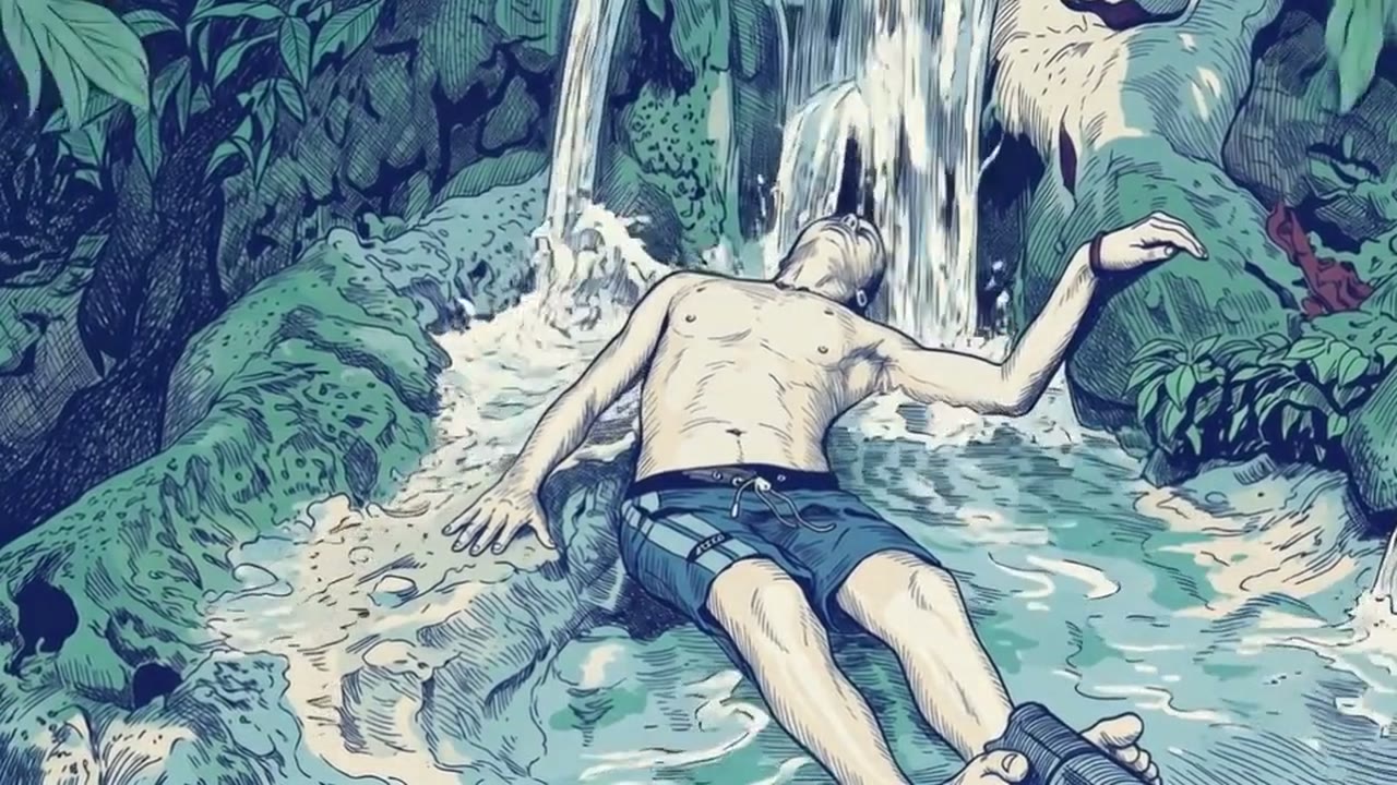 A man in blue board shorts lies back in the pool below a waterfall, eyes closed, one arm raised, jungle leaves around him.