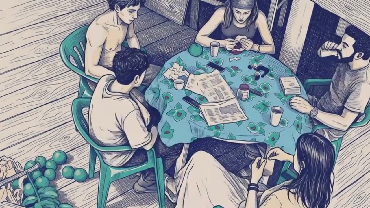 Five people around a table with a flowered cloth on a wooden deck, rolling papers, cups and a book between them, seen from above.
