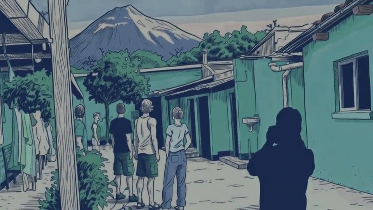 Four people stand in a lane between green houses looking up at a volcano, a figure in silhouette filming them from the right.