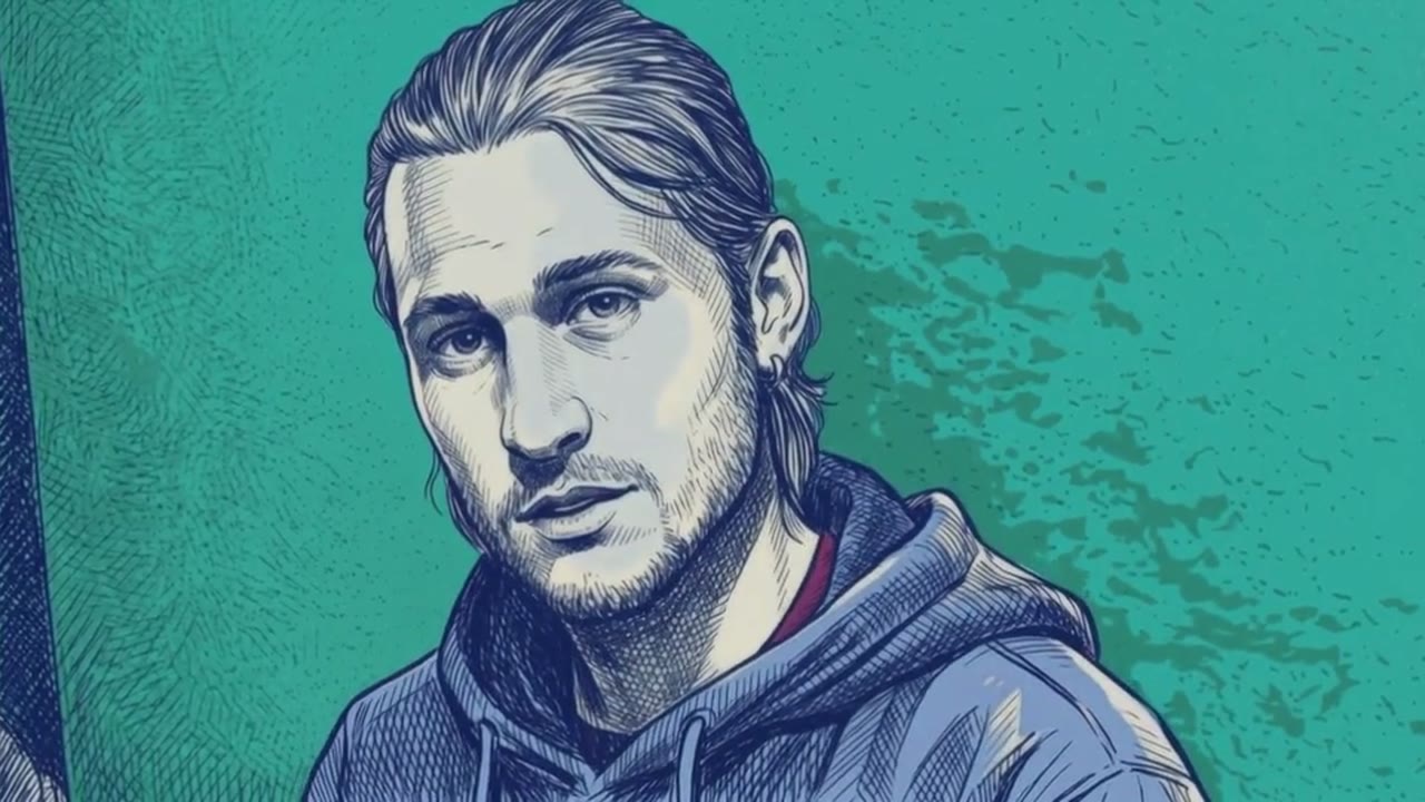 A young man with hair tied back and a short beard in a grey hoodie looks at the camera against a green painted wall.