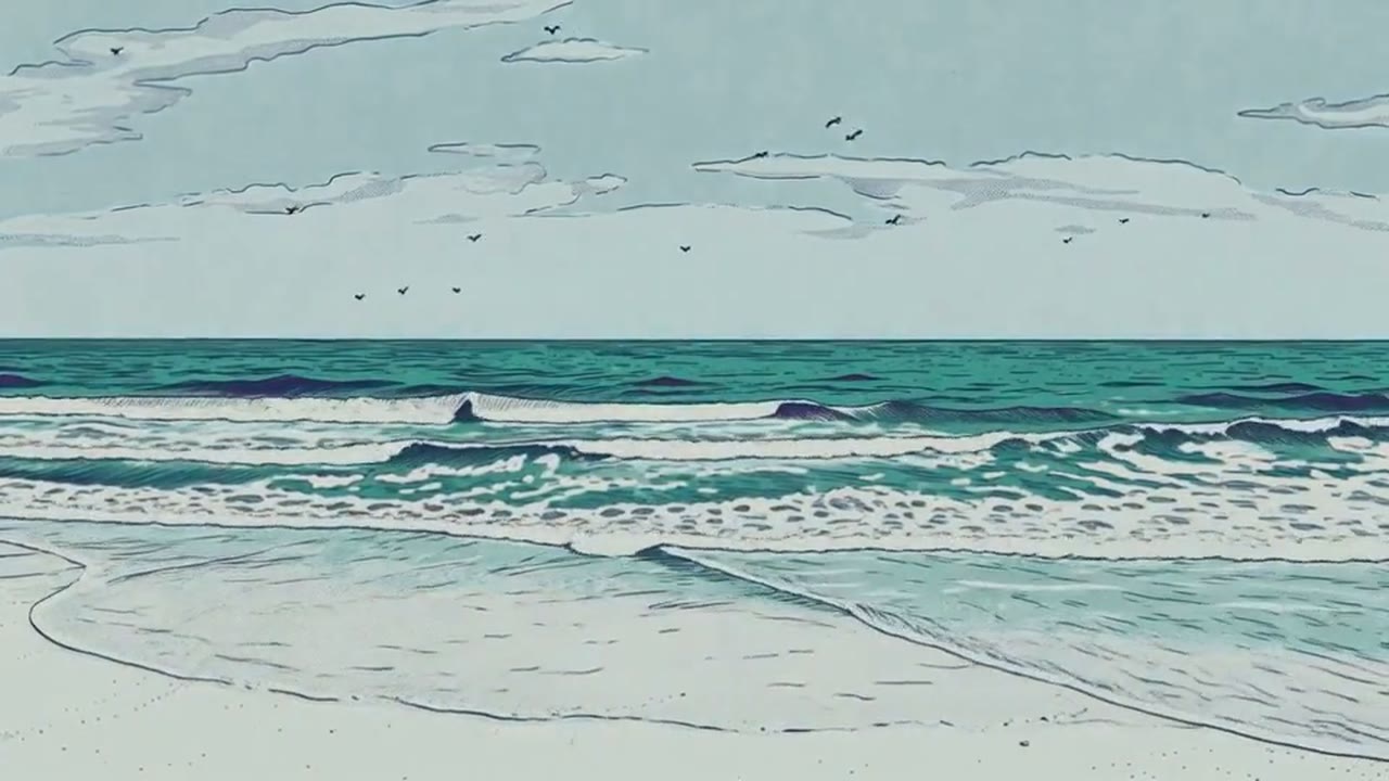 Lines of green waves break onto a white sand beach under a pale sky scattered with small birds.