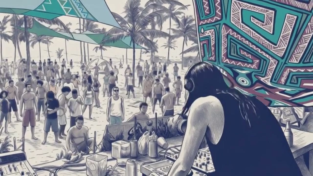 A DJ in headphones bends over a mixer under shade sails on a beach, a crowd of dancers between the palms behind him, a patterned banner at his side.