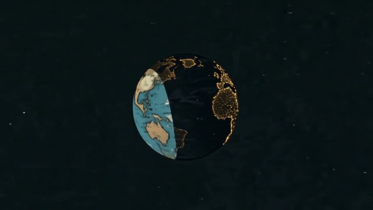 The Earth in a black sky, half in daylight showing blue sea and pale land, half in night and dotted with city lights.