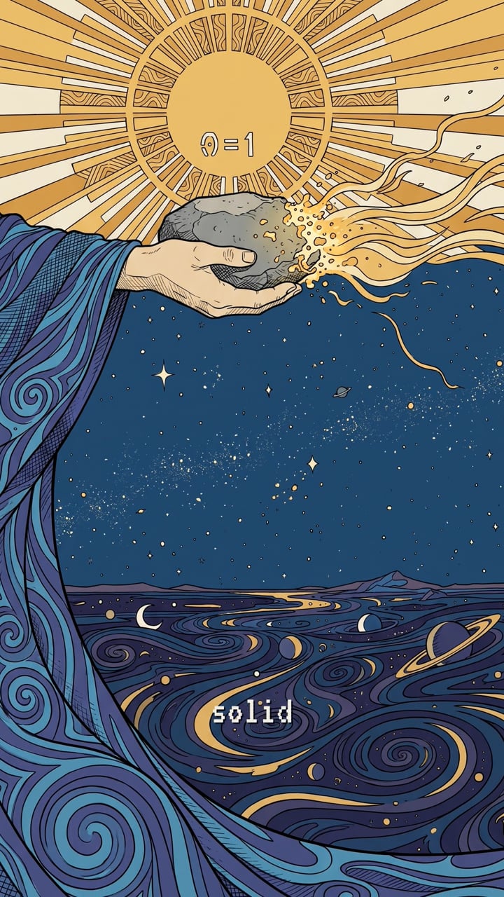 A robed arm holds up a grey stone that breaks into gold sparks beneath a blazing sun marked 0=1, a starry sea of swirls below with the word solid.
