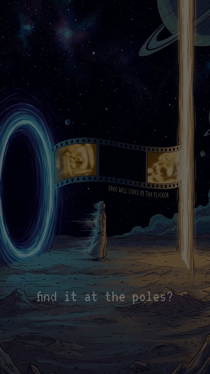 A dim, tall view of a robed figure before a blue glowing gate and a strip of film on a dark moon, with the words find it at the poles?