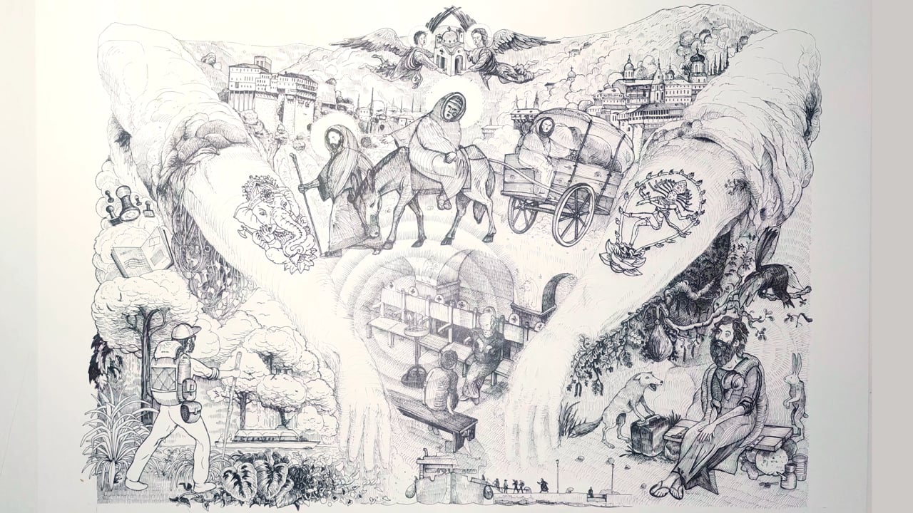 A dense pen drawing: two large hands frame a crowd of tiny scenes, among them a horse drawn cart, a gate, a seated woman and buildings on a hilltop.