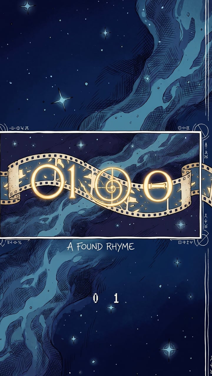 A band of film across a starry blue sky carries glowing zeros and ones and a treble clef, above the words a found rhyme.