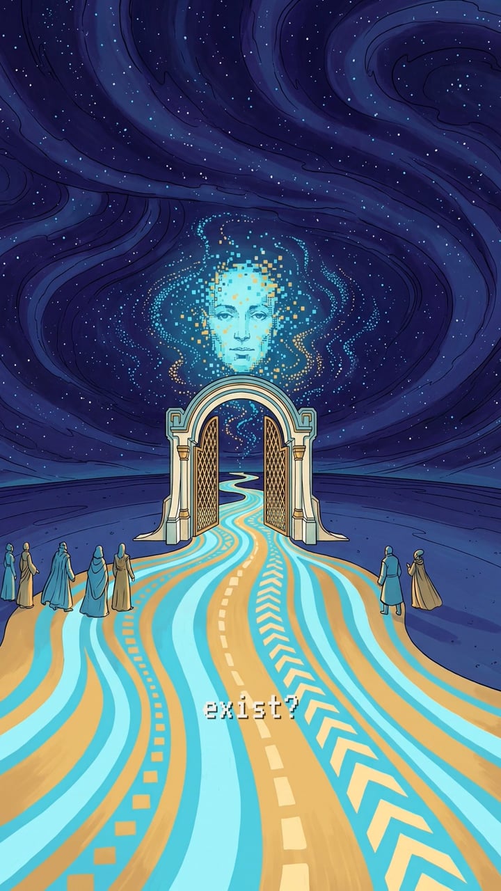A road of blue and gold stripes winds through an arched gateway toward a huge blue face in a swirling night sky, robed figures lining the way, the word exist? below.