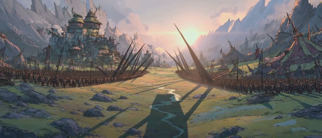 Two armies face each other across a green valley at sunrise, a towered fortress city on the left and spiked tents on the right.