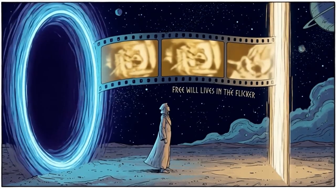 A robed figure on a bare moon faces a glowing blue oval gate, a strip of film unspooling from it toward a tall pillar, under the words free will lives in the flicker.
