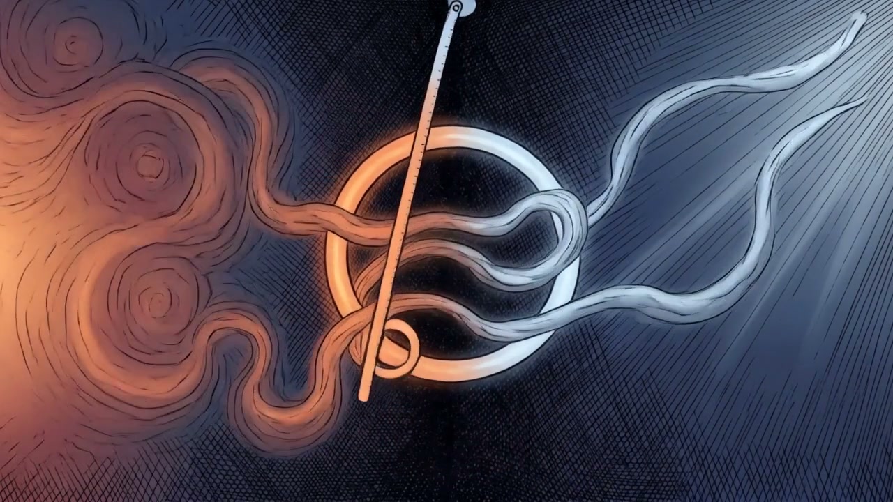 A white ring crossed by a slanted line, like a zero and a one, orange swirls flowing in from the left and pale blue ribbons streaming out to the right.